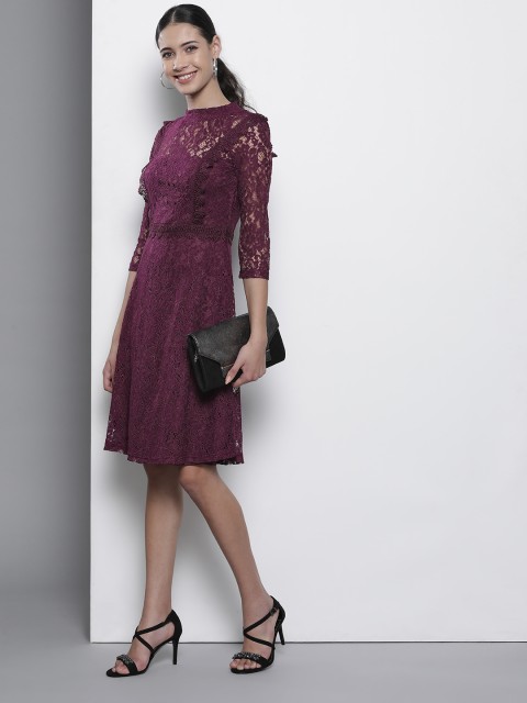 

DOROTHY PERKINS Women Aubergine Lace Fit & Flare Dress, Purple