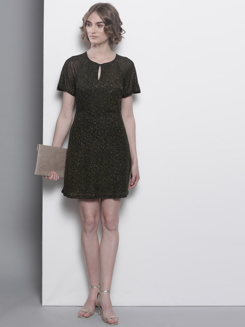 

DOROTHY PERKINS Women Petite Black & Golden Shimmered A-Line Dress