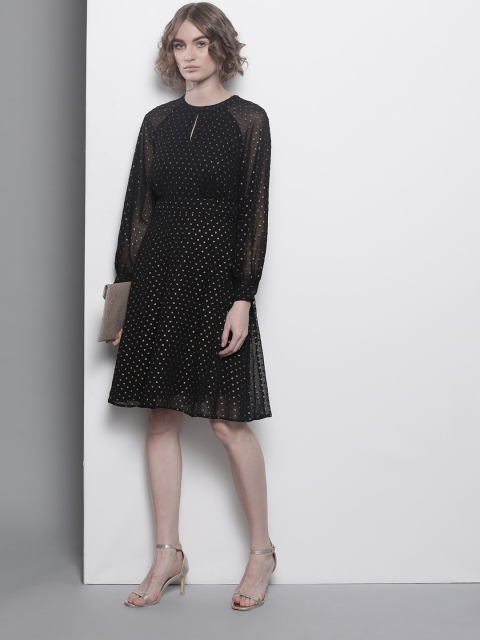 

DOROTHY PERKINS Women Black & Golden Self Design A-Line Dress