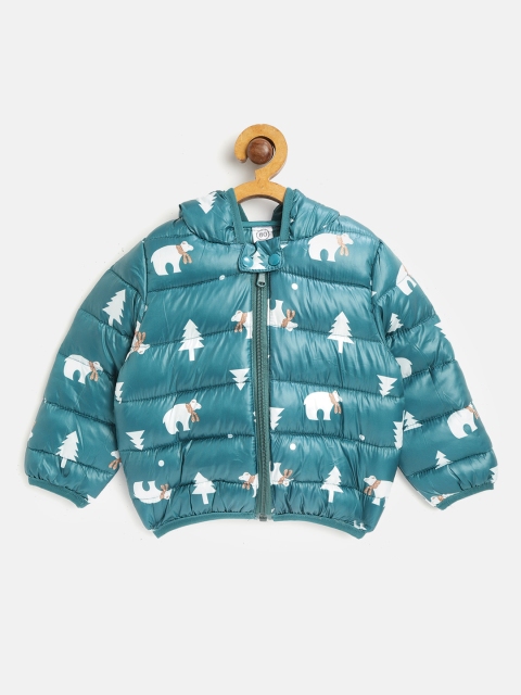 

Kids On Board Kids Green & White Printed Hooded Puffer Jacket