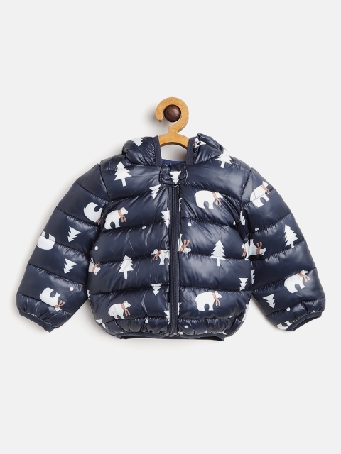 

Kids On Board Kids Navy Blue & White Printed Hooded Puffer Jacket