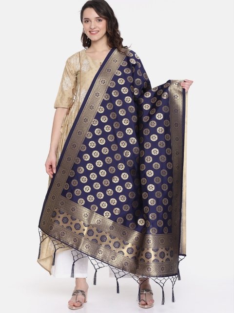 

Sugathari Navy Blue & Gold-Toned Woven Design Dupatta