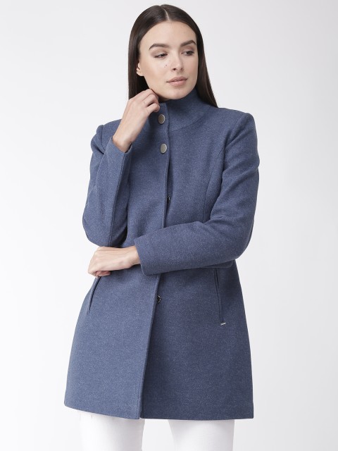 

Okane Women Navy Blue Solid Hip Length Overcoat
