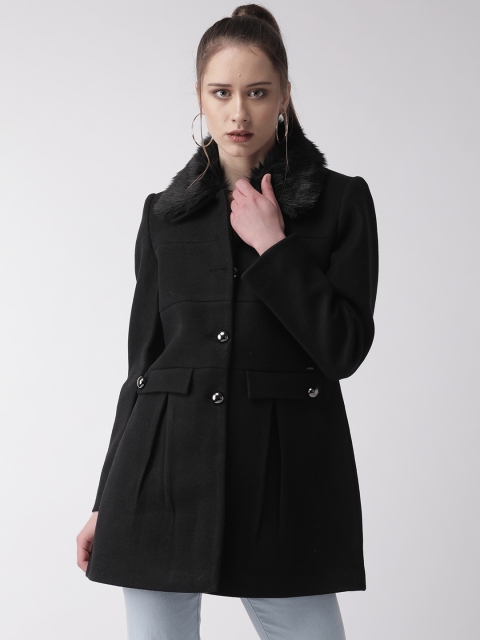 

Okane Women Black Solid Hip Length Overcoat with Detachable Faux Fur Trim