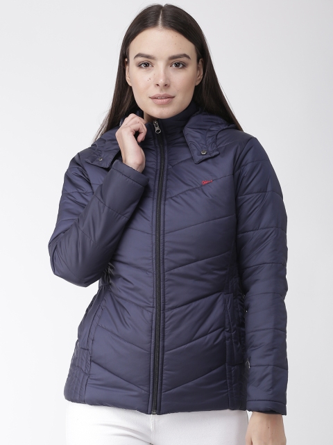 

Okane Women Navy Blue Solid Detachable Hood Padded Jacket