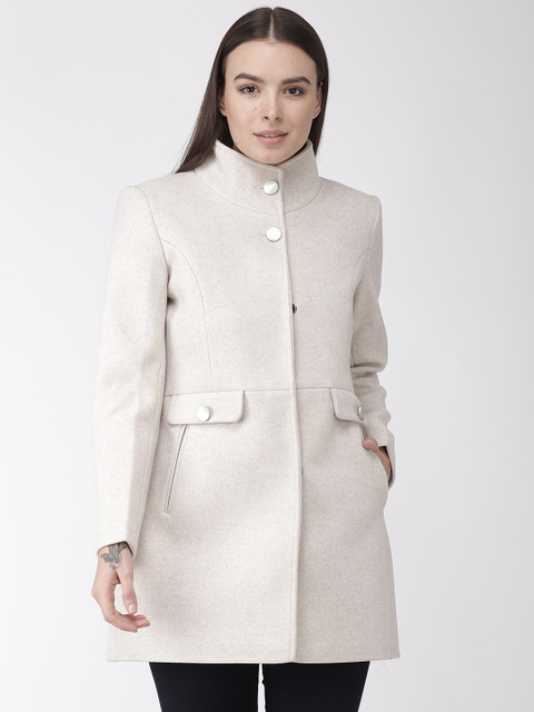

Okane Women Off-White Solid Hip Length Overcoat