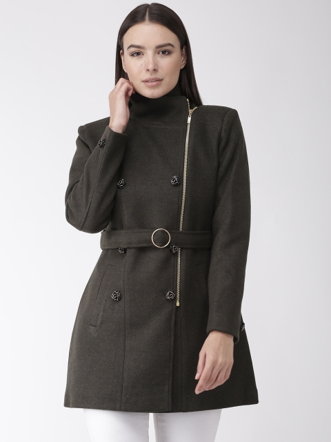 

Okane Women Olive Green Solid Hip Length Overcoat