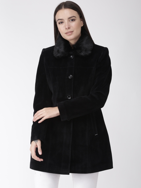 

Okane Women Black Solid Velvet Finish Hip Length Overcoat
