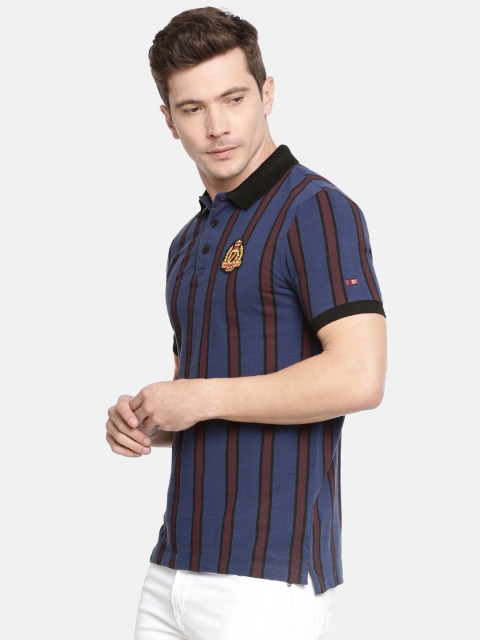 

Being Human Men Blue Brown Striped Polo Collar Pure Cotton T-shirt