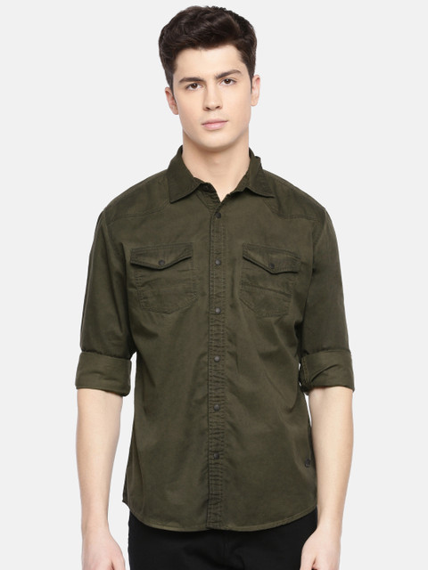 

Being Human Clothing Men Olive Green Regular Fit Solid Casual Shirt