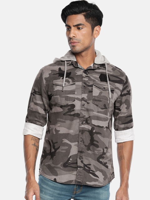 

Being Human Men Grey & Black Regular Fit Printed Casual Hooded Shirt