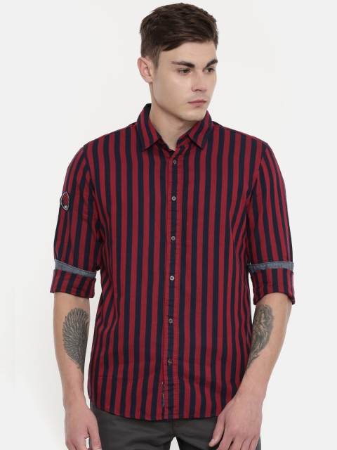 

Being Human Clothing Men Red & Navy Blue Comfort Fit Striped Casual Shirt