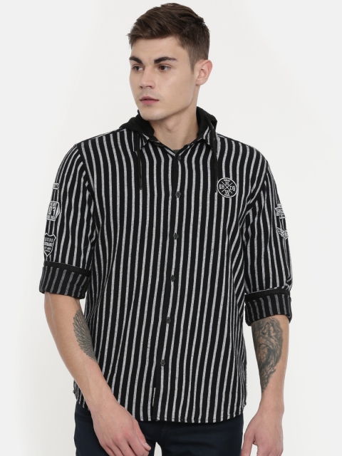 

Being Human Clothing Men Black & Off-White Boxy Striped Casual Shirt With Detachable Hood