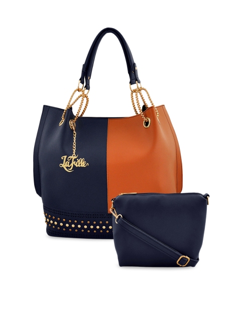 

LaFille 2 Piece Navy Blue & Brown Colourblocked Handbag Set