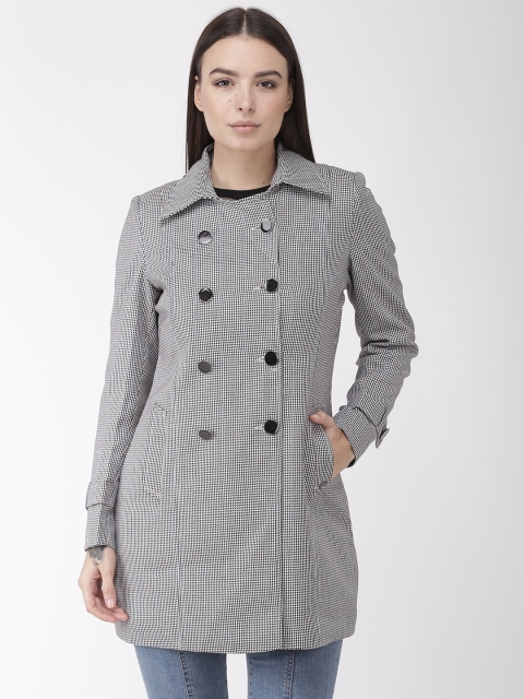 

Okane Women White & Black Self Design Double Breasted Hip Length Overcoat