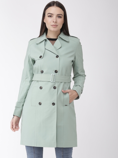 

Okane Women Green Solid Double Breasted Hip Length Trench Coat With Belt