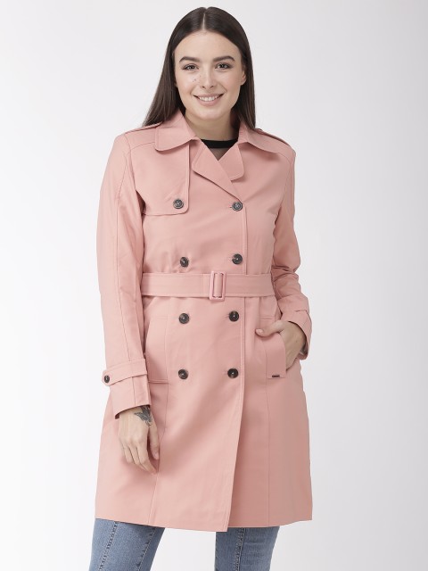 

Okane Women Dusty Pink Solid Double-Breasted Trench Coat