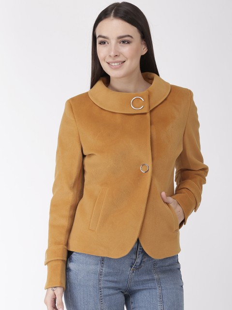

Okane Women Mustard Brown Solid Velvet Coat