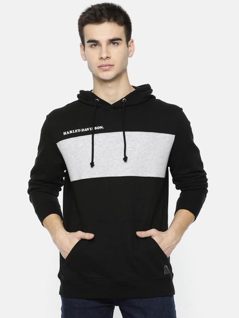 

Harley-Davidson Men Black & Grey Melange Colourblocked Hooded Sweatshirt