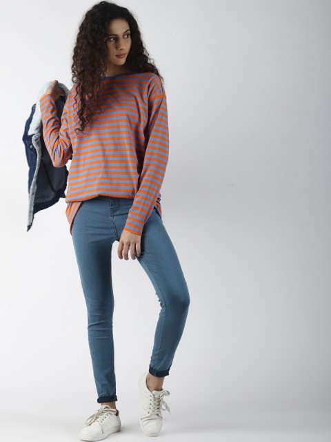 

Blue Saint Women Blue & Orange Striped Round Neck Longline T-shirt