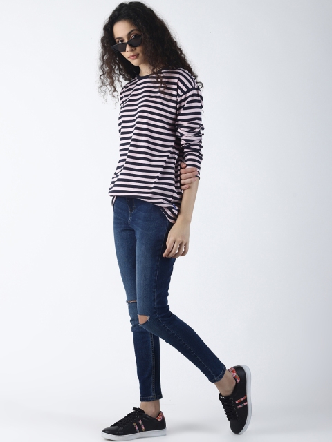 

Blue Saint Women Black & Pink Striped Round Neck Longline T-shirt