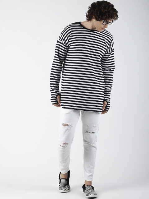 

Blue Saint Men Black & White Striped Round Neck Longline T-shirt