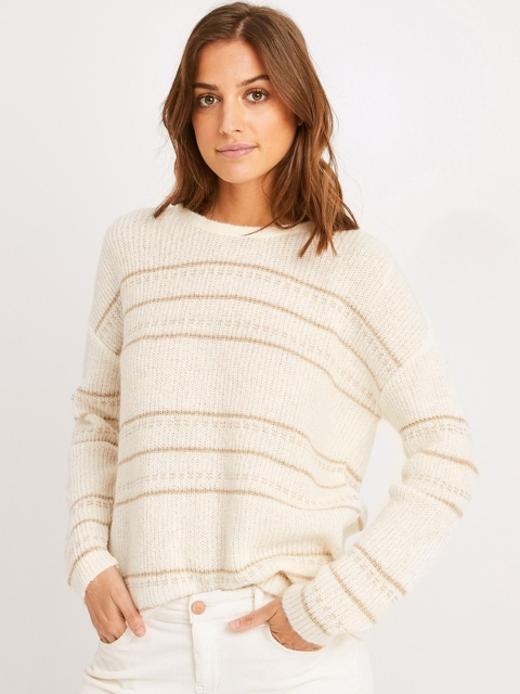 

promod Women Off-White & Gold-Coloured Striped Pullover Sweater