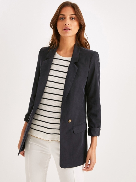 

promod Women Navy Blue Regular Fit Solid Open-Front Casual Blazer