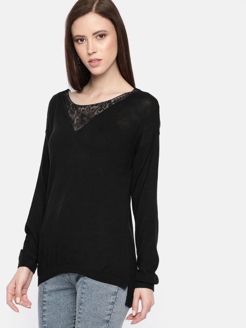 

promod Women Black Solid Pullover Sweater With Lace Inserts