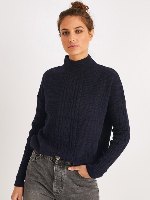 

promod Women Navy Blue Self Design Pullover Sweater