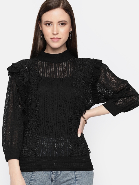 

promod Women Black Self Design Pullover Sweater With Lace Inserts