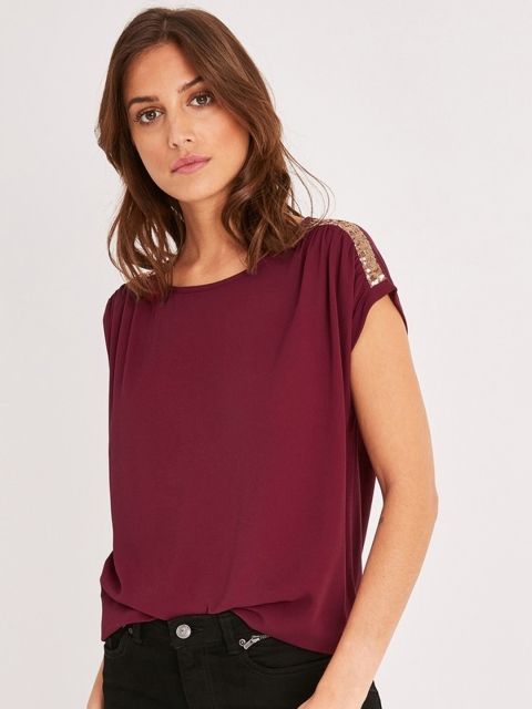 

promod Women Burgundy Solid Top With Sequinned Detail