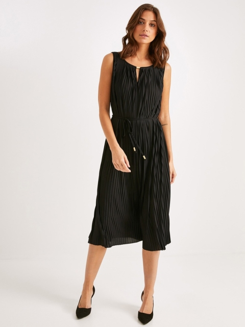 

promod Women Black Solid Fit and Flare Dress With a Belt