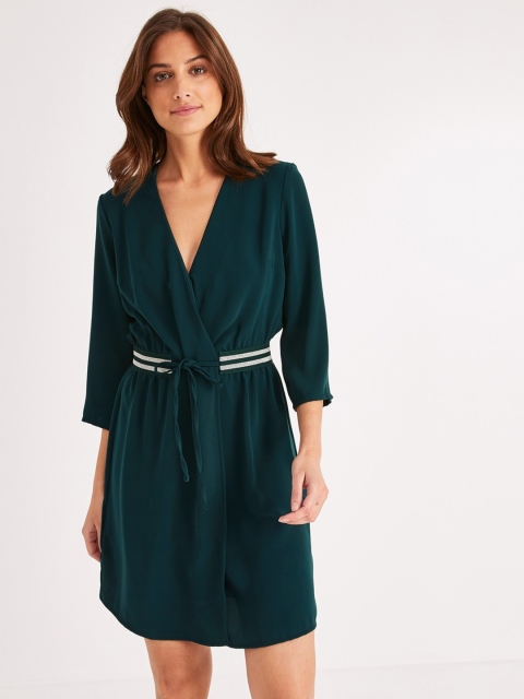 

promod Women Green Solid Wrap Dress with Waist Tie-Up