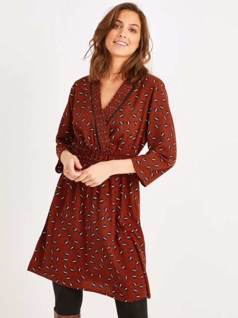 

promod Women Maroon & Navy Blue Printed Wrap Dress