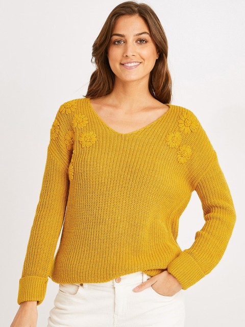 

promod Women Mustard Yellow Self Design Pullover Sweater