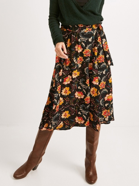 

promod Women Black & Peach-Coloured Printed Wrap Skirt