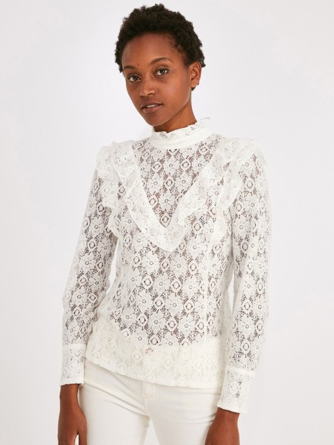 

promod Women White Self Design Lace-up Detailed Regular Top