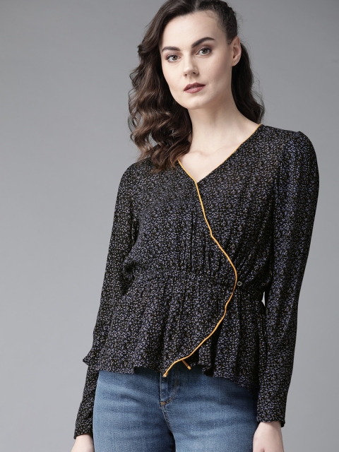 

Roadster Women Black & Purple Printed Wrap Top