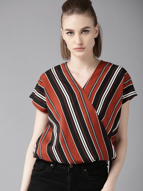 

The Roadster Lifestyle Co Women Rust Orange & Black Striped Wrap Top