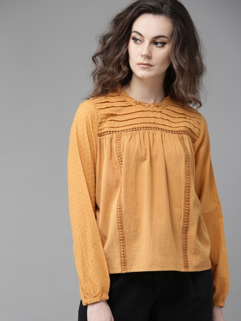 

Roadster Women Mustard Yellow Solid Pure Cotton Top