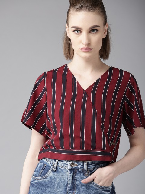

Roadster Women Maroon & Navy Striped Wrap Top