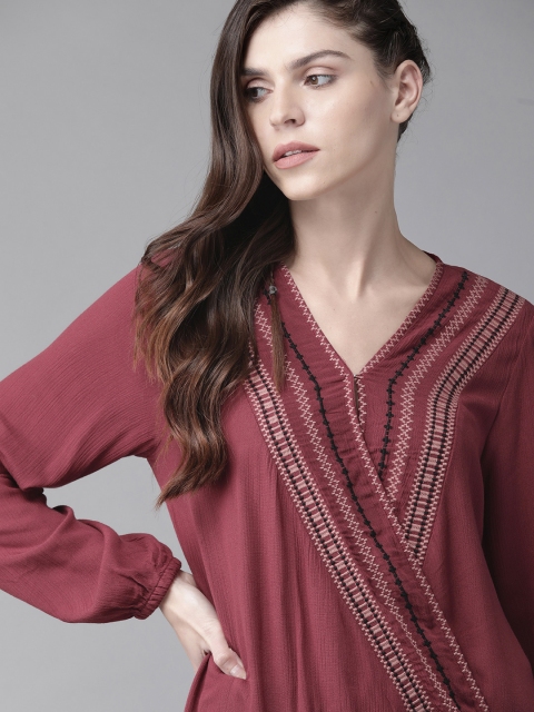 

Roadster Women Maroon Embroidered Detail Wrap Top