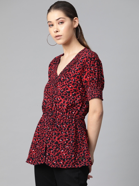 

Roadster Women Red & Navy Blue Animal Print Longline Cinched Waist Top