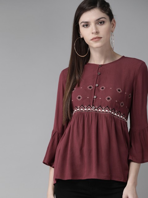 

Roadster Women Maroon & Beige Embroidered A-Line Top, Mauve