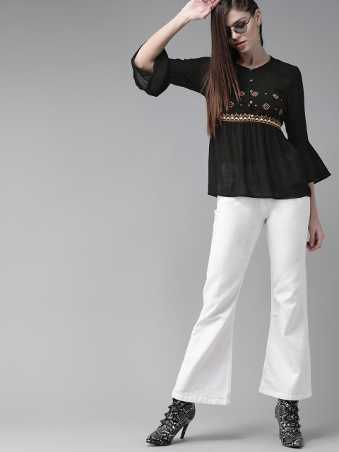 

Roadster Women Black & Mustard Yellow Embroidered A-Line Top