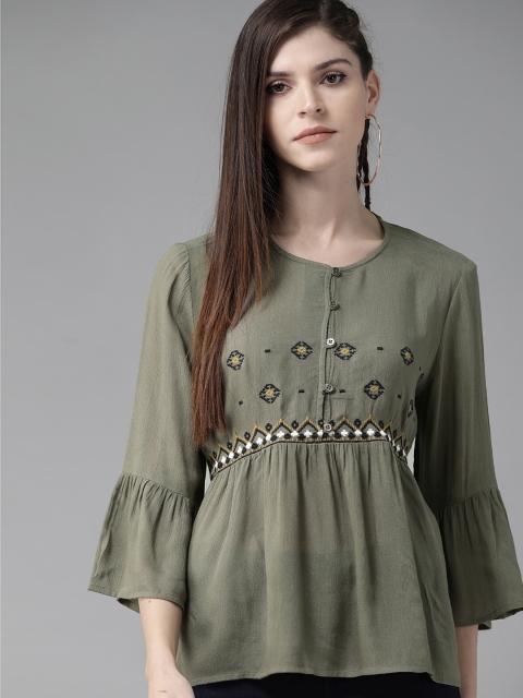 

Roadster Women Olive Green & Navy Blue Embroidered A-Line Top