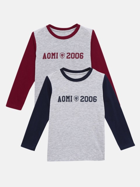 

Aomi Boys Pack Of 2 Printed Round Neck T-shirts, Grey melange