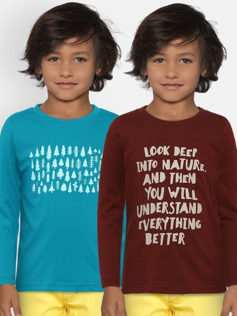 

Aomi Boys Pack Of 2 Printed Round Neck Pure Cotton T-shirts, Teal