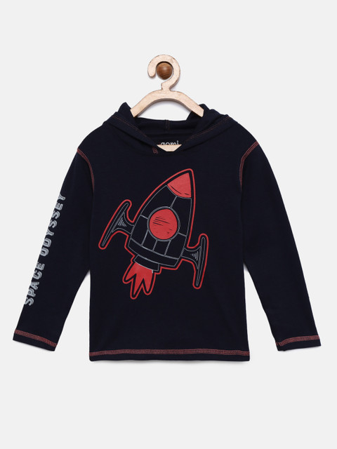 

Aomi Boys Navy Blue Printed Hood T-shirt